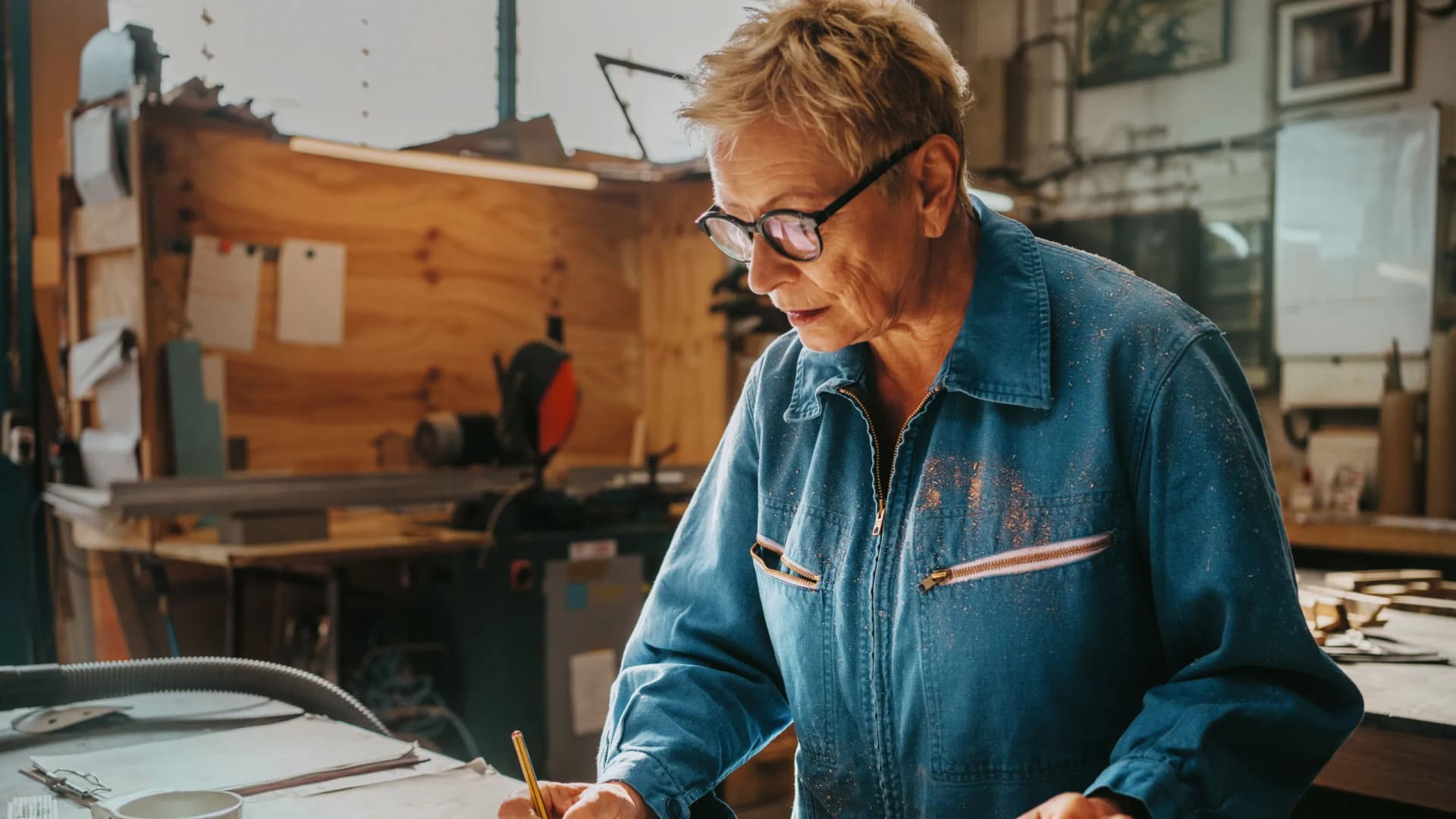 Frau skizziert im Handwerkbetrieb