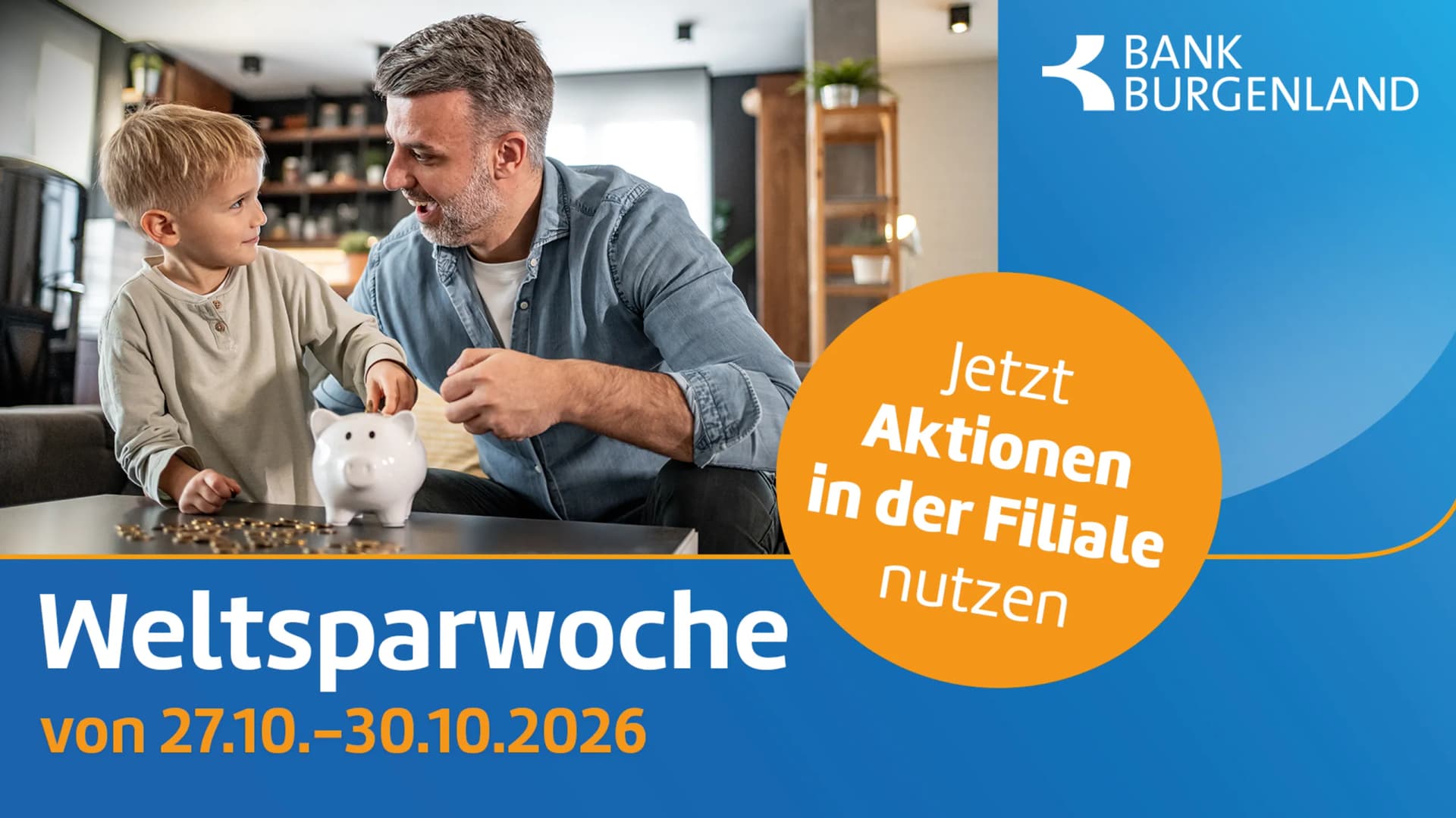 Mann mit Kind und Spardose